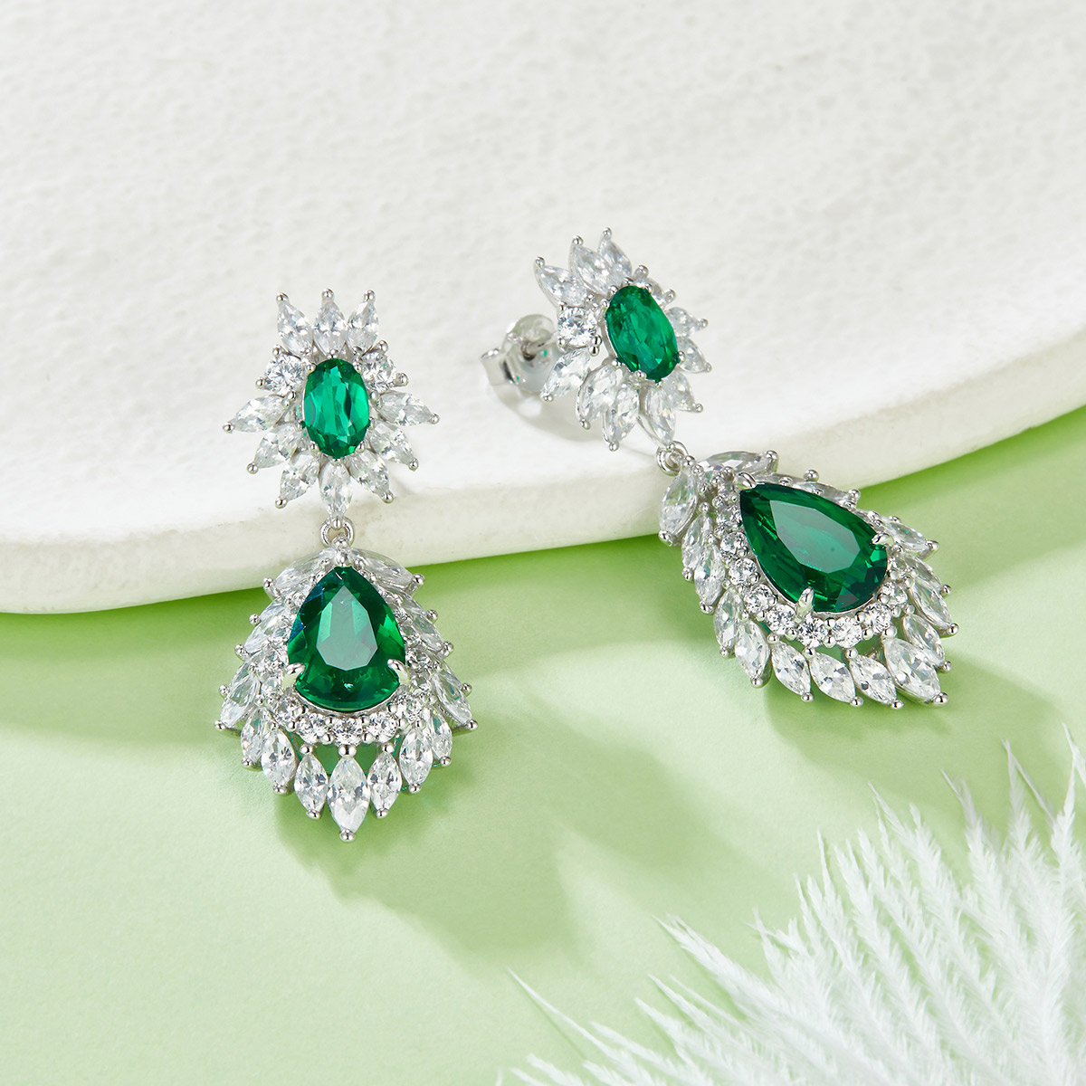 Silver 8.8g 4.12ct Lab-Created Emerald Drop Earrings, 11x7mm & 6x4mm, Pair