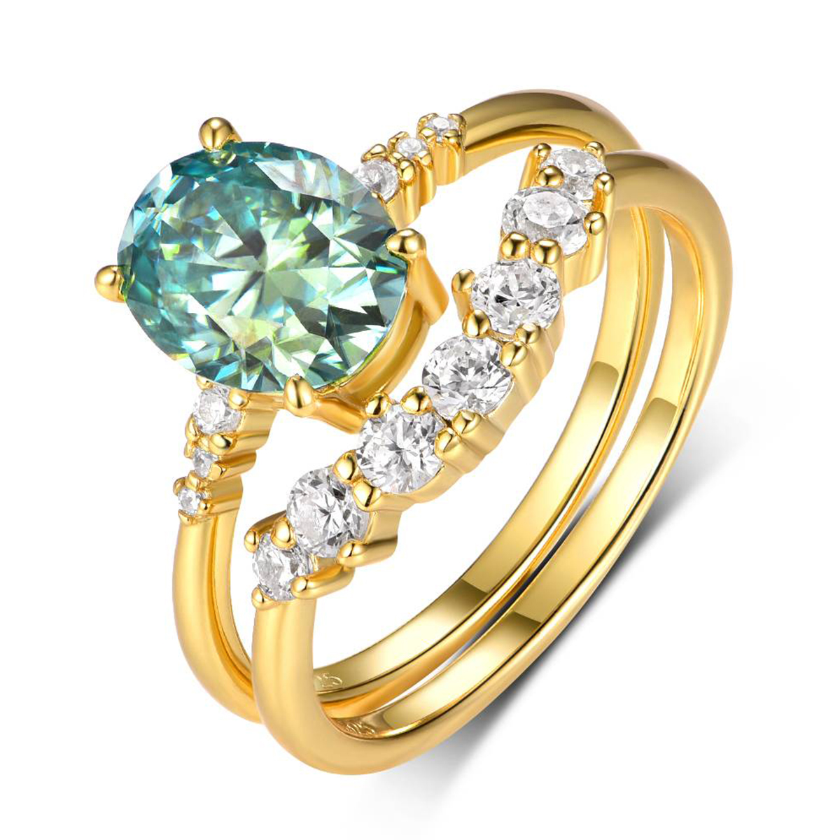 Silver Gold Plated 2ct Oval Moissanite Bridal Ring Set 9x7mm D Color VVS1 Curved Pave Band