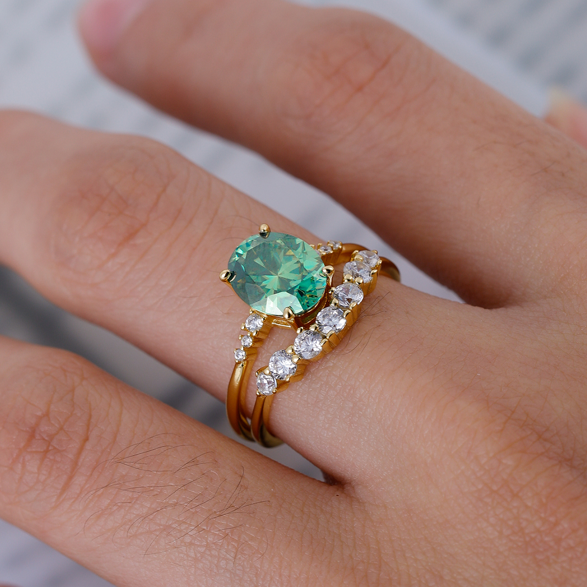 Silver Gold Plated 2ct Oval Moissanite Bridal Ring Set 9x7mm D Color VVS1 Curved Pave Band