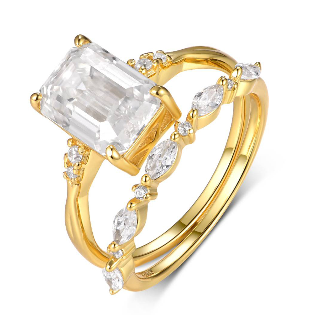 Silver Gold Plated 3.5ct Emerald Cut Moissanite Bridal Ring Set D Color VVS1 US Size 6-9