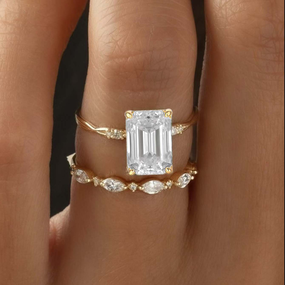 Silver Gold Plated 3.5ct Emerald Cut Moissanite Bridal Ring Set D Color VVS1 US Size 6-9