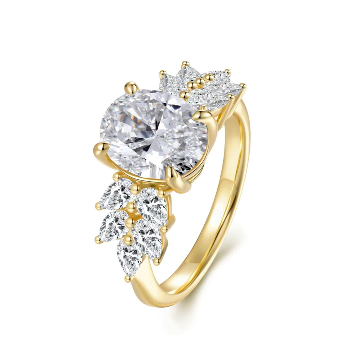 Silver Gold Plated 3ct Lab-Grown Emerald Moissanite Ring 10x8mm D Color VVS1 Pear Accents