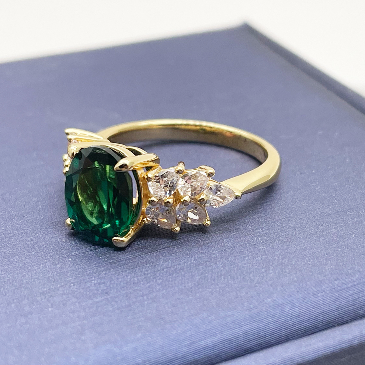 Silver Gold Plated 3ct Lab-Grown Emerald Moissanite Ring 10x8mm D Color VVS1 Pear Accents