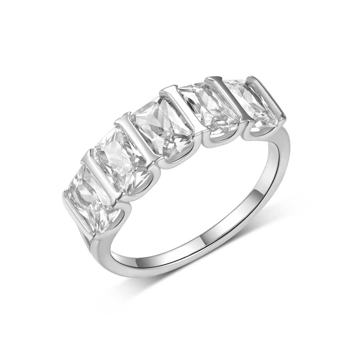 Silver Gold Plated 5-Stone 4x6mm Emerald Cut Moissanite Eternity Ring D Color VVS1 US 6-9