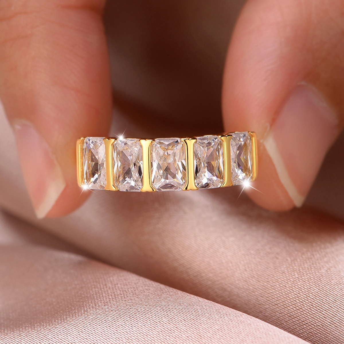 Silver Gold Plated 5-Stone 4x6mm Emerald Cut Moissanite Eternity Ring D Color VVS1 US 6-9