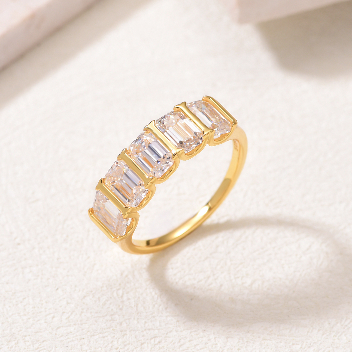 Silver Gold Plated 5-Stone 4x6mm Emerald Cut Moissanite Eternity Ring D Color VVS1 US 6-9