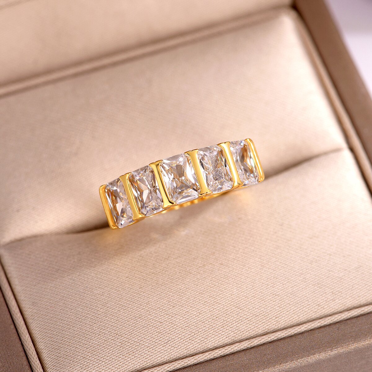 Silver Gold Plated 5-Stone 4x6mm Emerald Cut Moissanite Eternity Ring D Color VVS1 US 6-9