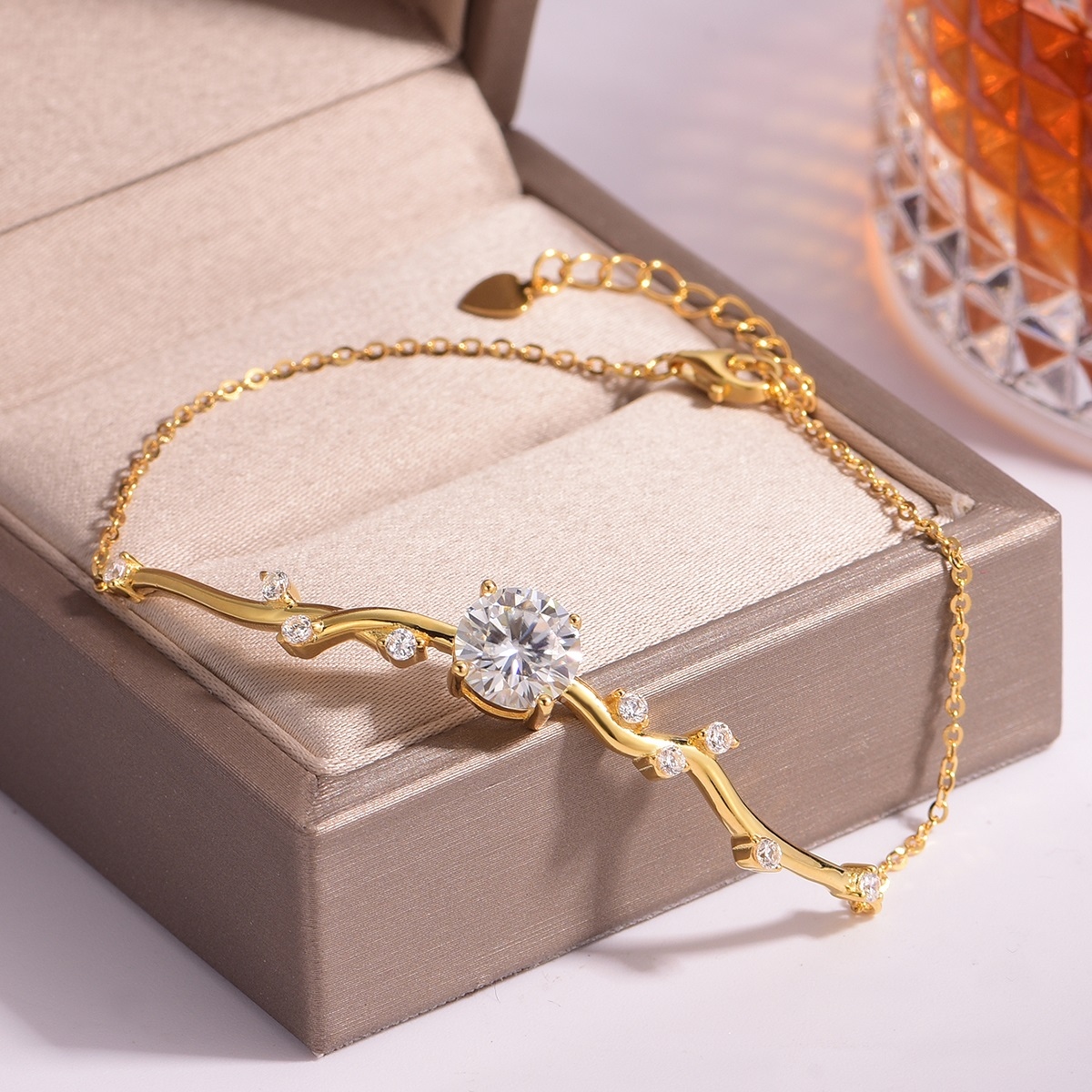 Silver Gold Plated 5g Moissanite Branch Bracelet, 8.0mm 2CT D VVS1 Round Stone, GRA