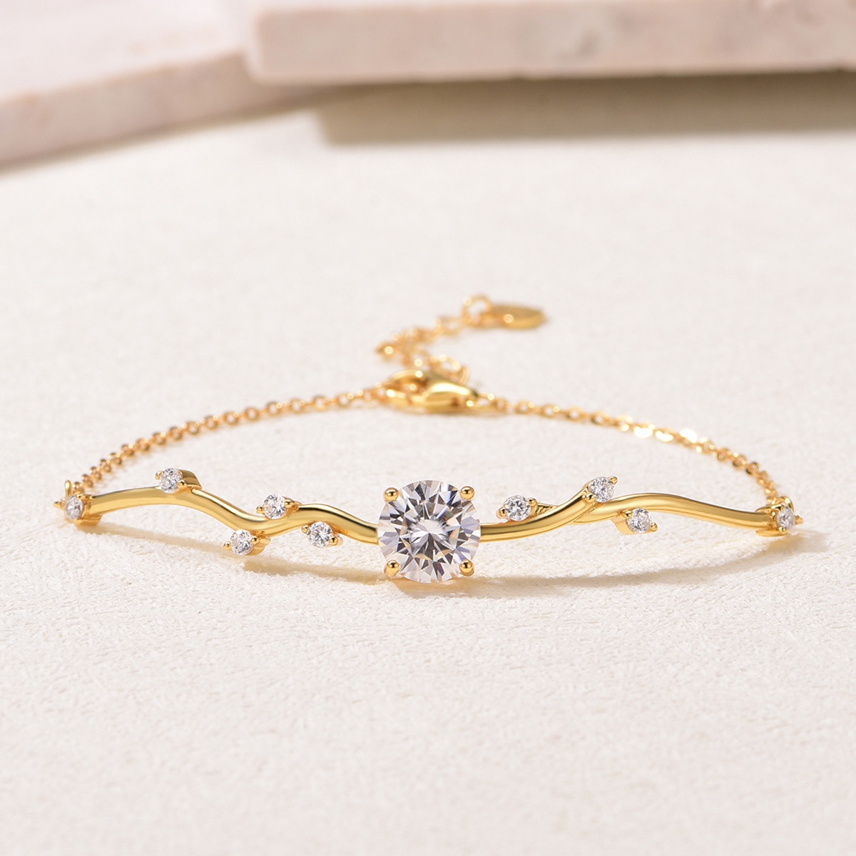 Silver Gold Plated 5g Moissanite Branch Bracelet, 8.0mm 2CT D VVS1 Round Stone, GRA