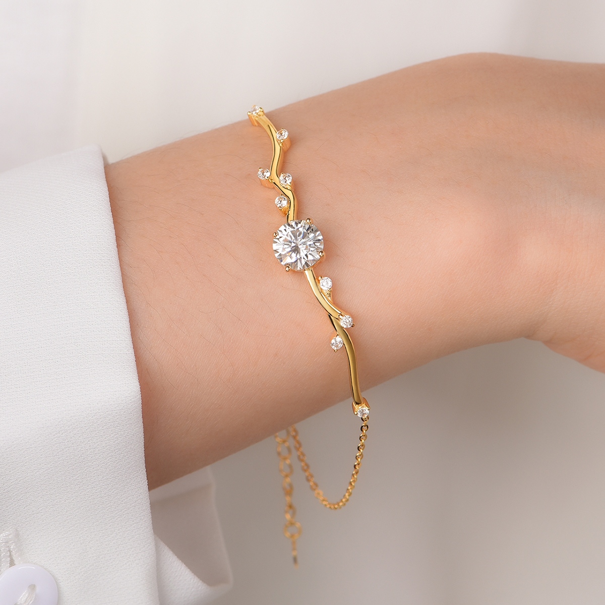 Silver Gold Plated 5g Moissanite Branch Bracelet, 8.0mm 2CT D VVS1 Round Stone, GRA