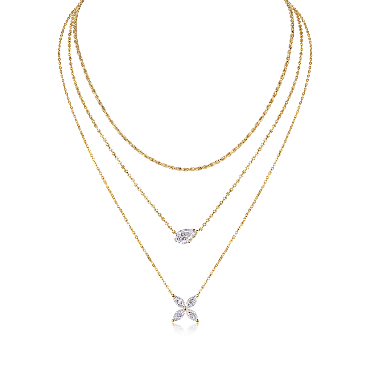 Posrebrena, pozlaćena slojevita ogrlica, 7k11 mm kruška D-VVS1 Moissanite, 10,8 g trostruki lanac