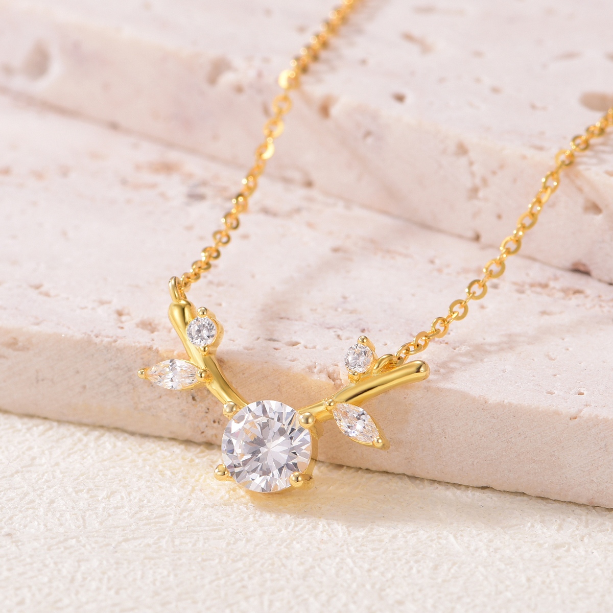 Silver Gold Plated Moissanite Branch Necklace, 6.0mm 0.8CT D VVS1 Round Stone, GRA