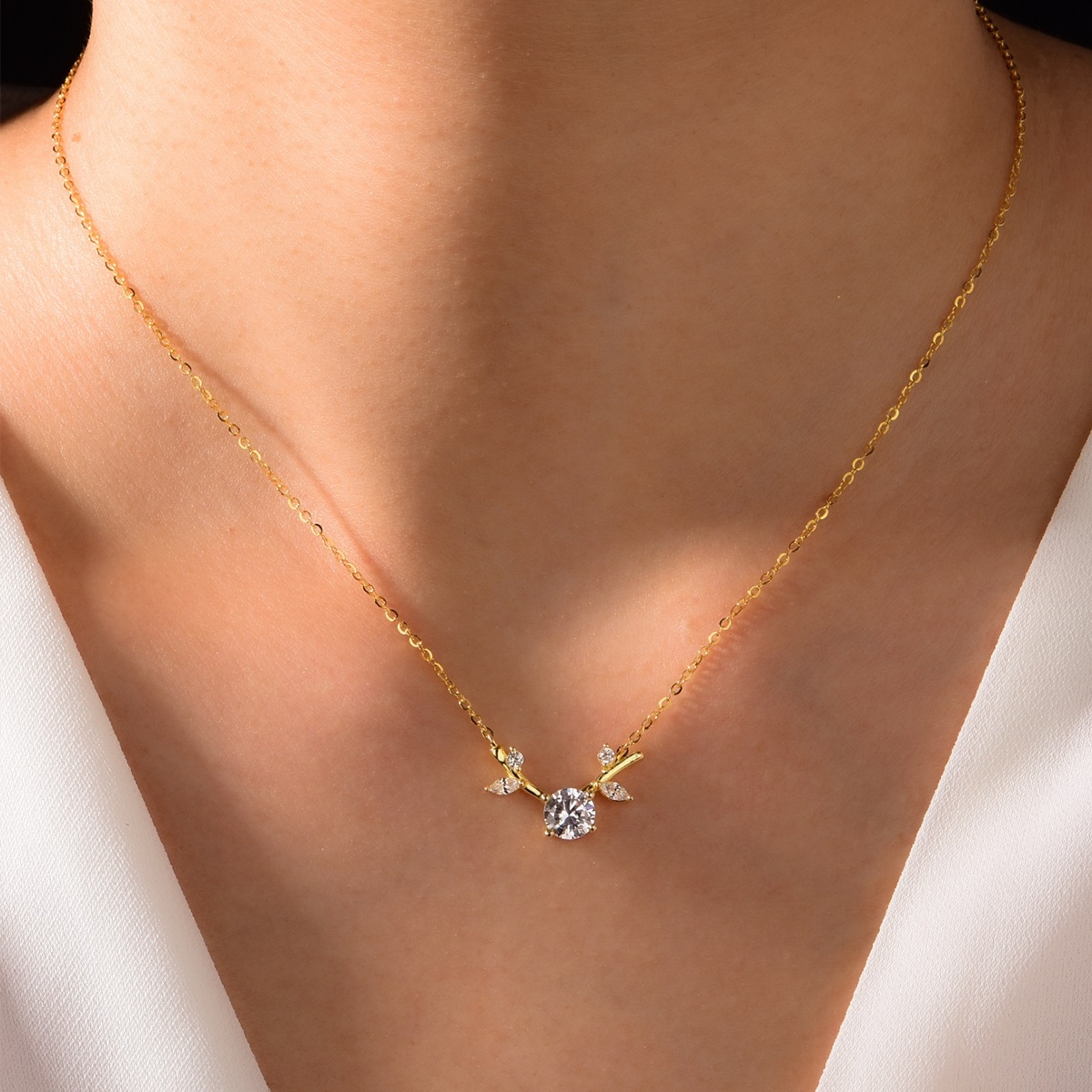 Silver Gold Plated Moissanite Branch Necklace, 6.0mm 0.8CT D VVS1 Round Stone, GRA