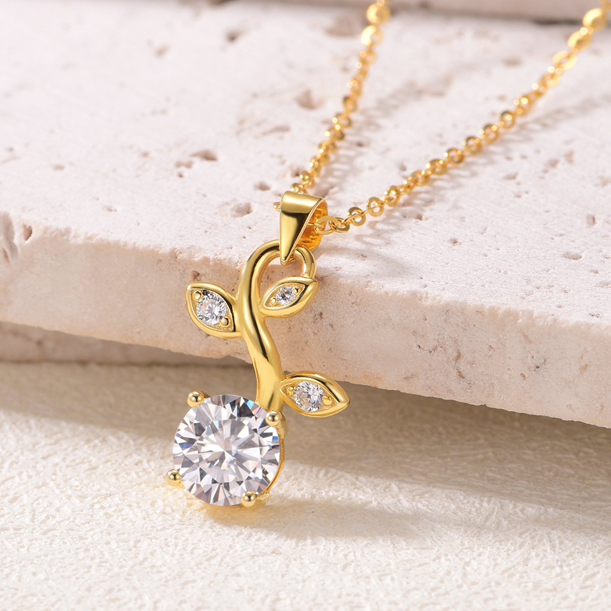 Silver Gold Plated Moissanite Leaf Necklace, 7.0mm 1.2CT D VVS1 Round Stone, GRA Certified