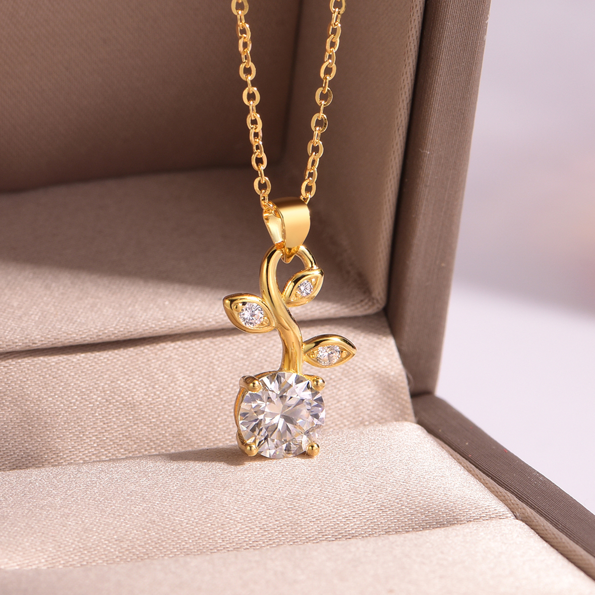 Silver Gold Plated Moissanite Leaf Necklace, 7.0mm 1.2CT D VVS1 Round Stone, GRA Certified