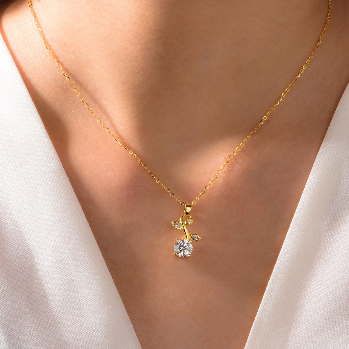 Silver Gold Plated Moissanite Leaf Necklace, 7.0mm 1.2CT D VVS1 Round Stone, GRA Certified