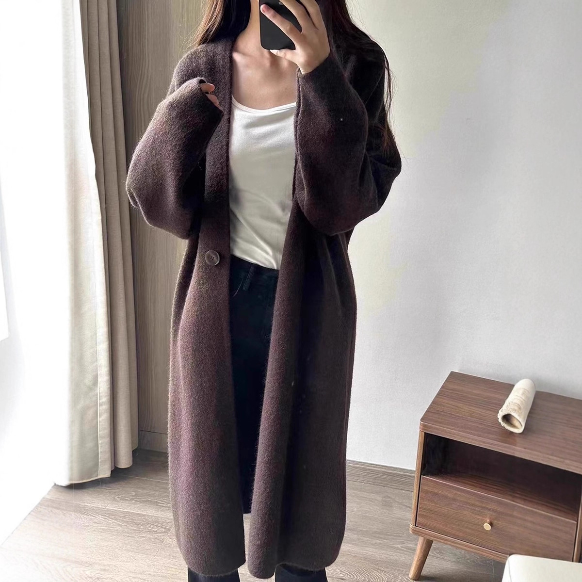 Simple One-button Knitted Loose-fitting Long Sweater Cardigan Coat