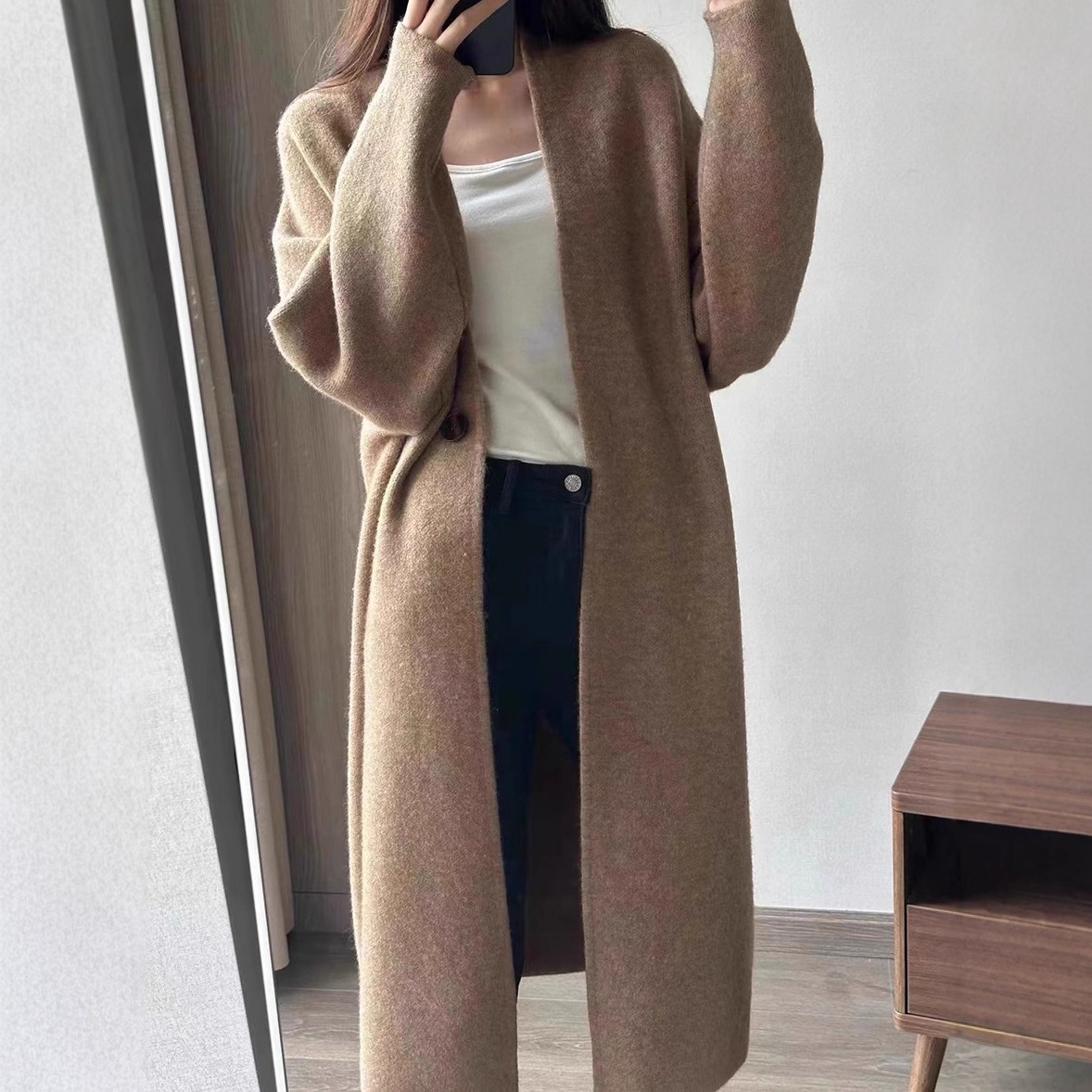 Simple One-button Knitted Loose-fitting Long Sweater Cardigan Coat