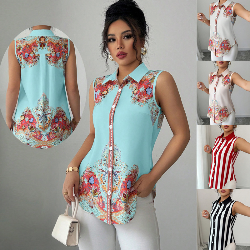 Sleeveless Striped Printed T-Shirt With Buttons