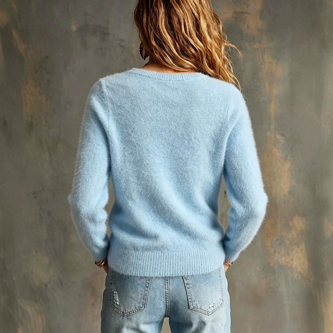 Soft Light-blue Off-shoulder Plush Knit Sweater