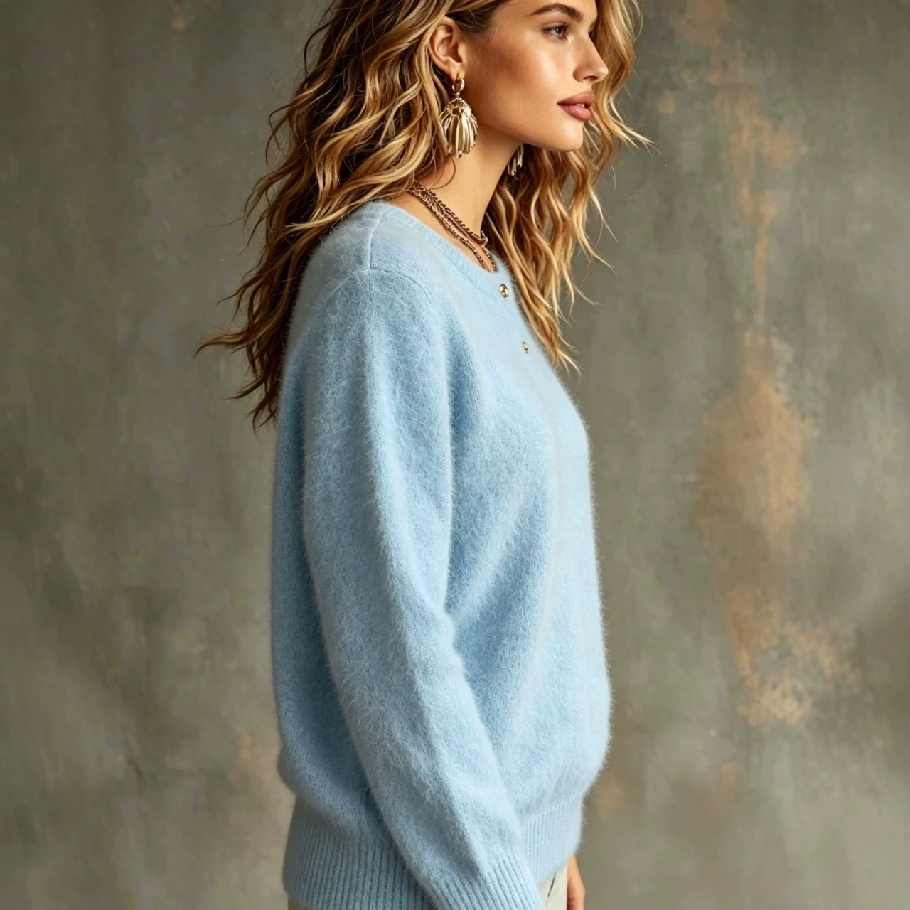 Soft Light-blue Off-shoulder Plush Knit Sweater