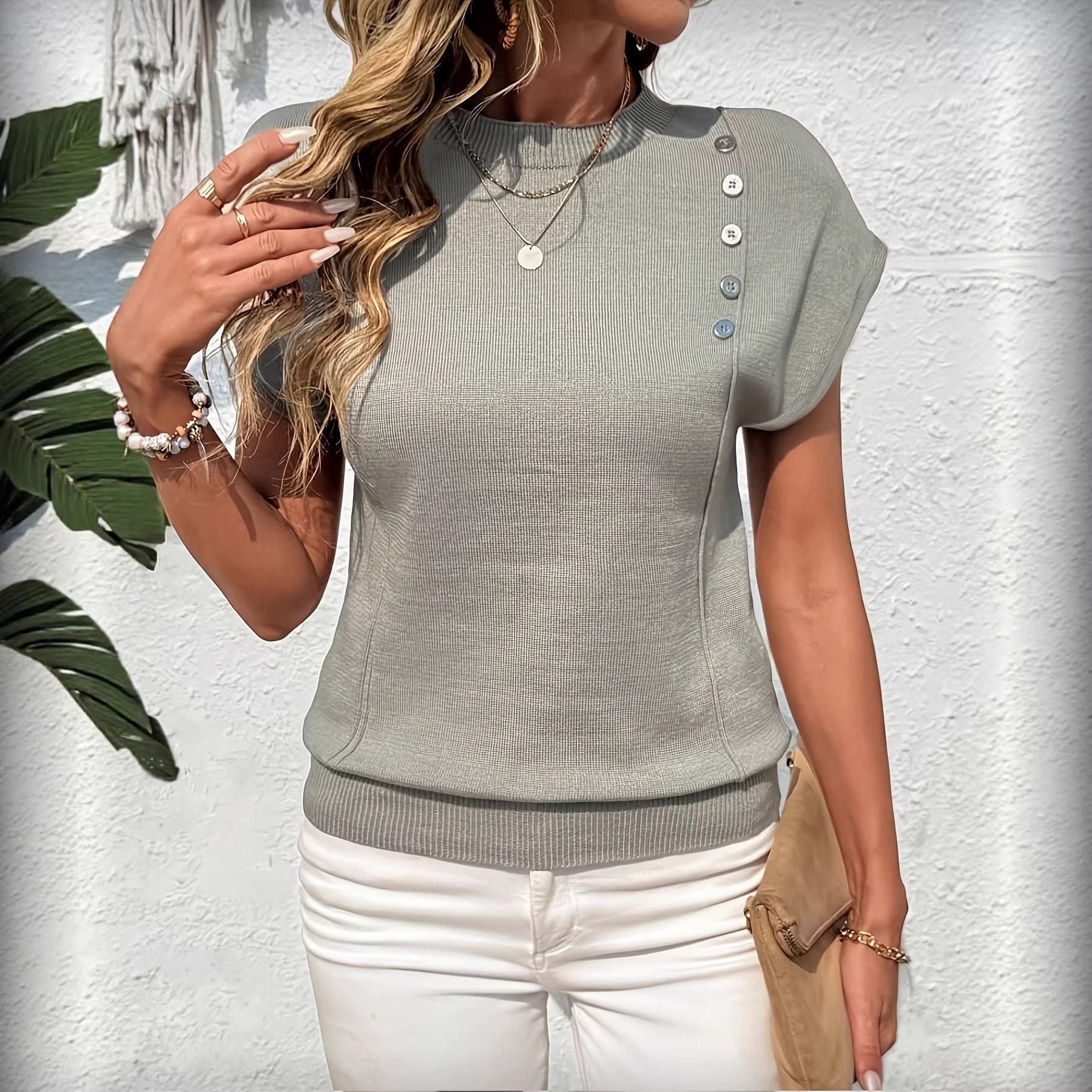 Solid-Color Button-Down Womens Knitted Top