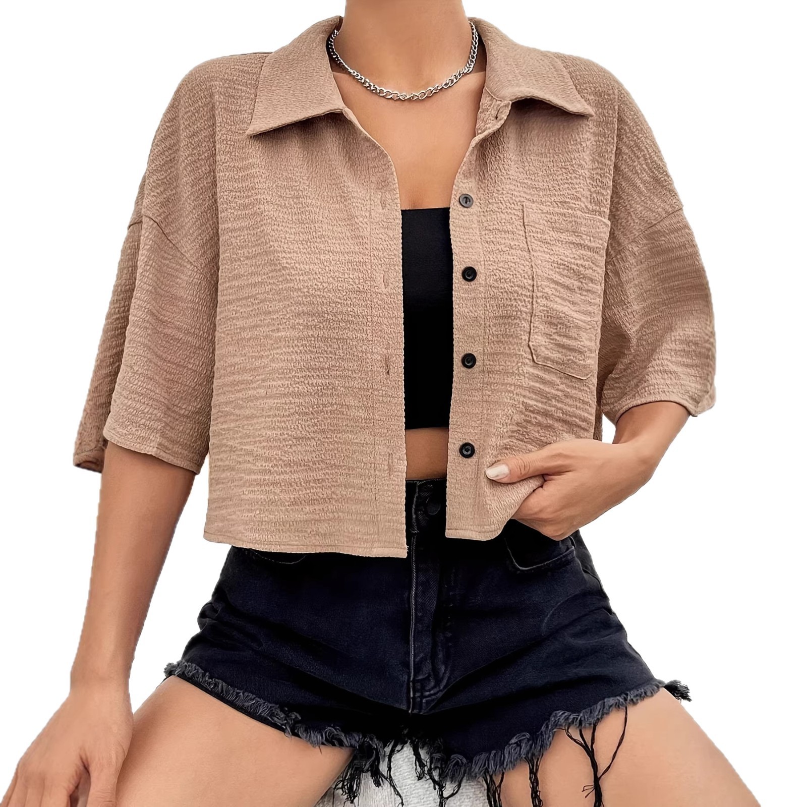 Solid-color Buttoned-pocket Cropped Blouse