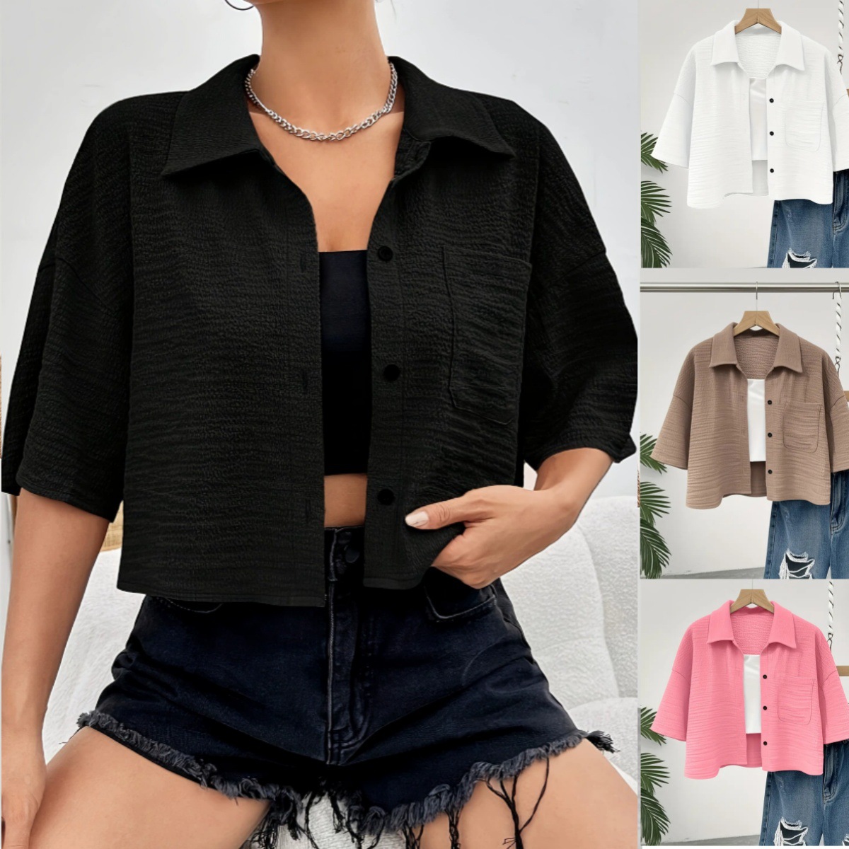 Solid-color Buttoned-pocket Cropped Blouse