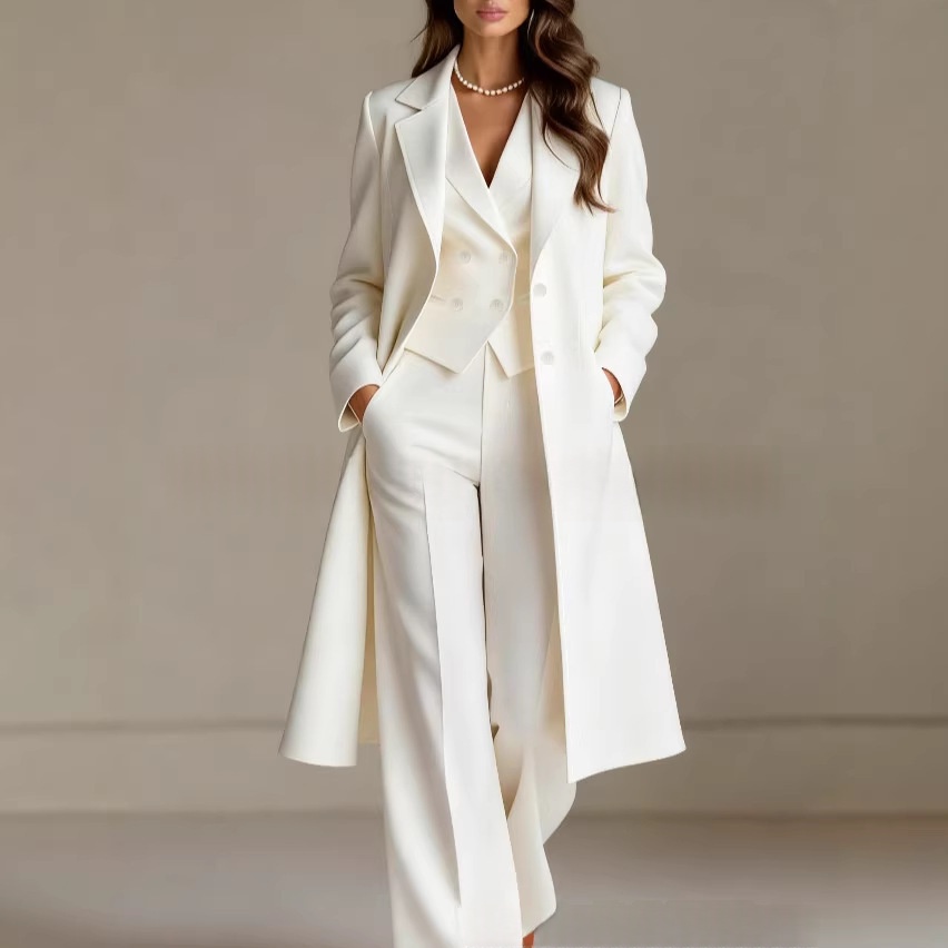 Solid-color Chic And Elegant Trench Coat And Suit Pants Three-piece Set