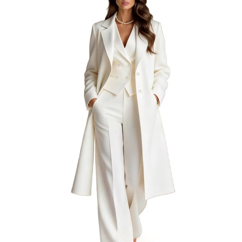 Solid-color Chic And Elegant Trench Coat And Suit Pants Three-piece Set