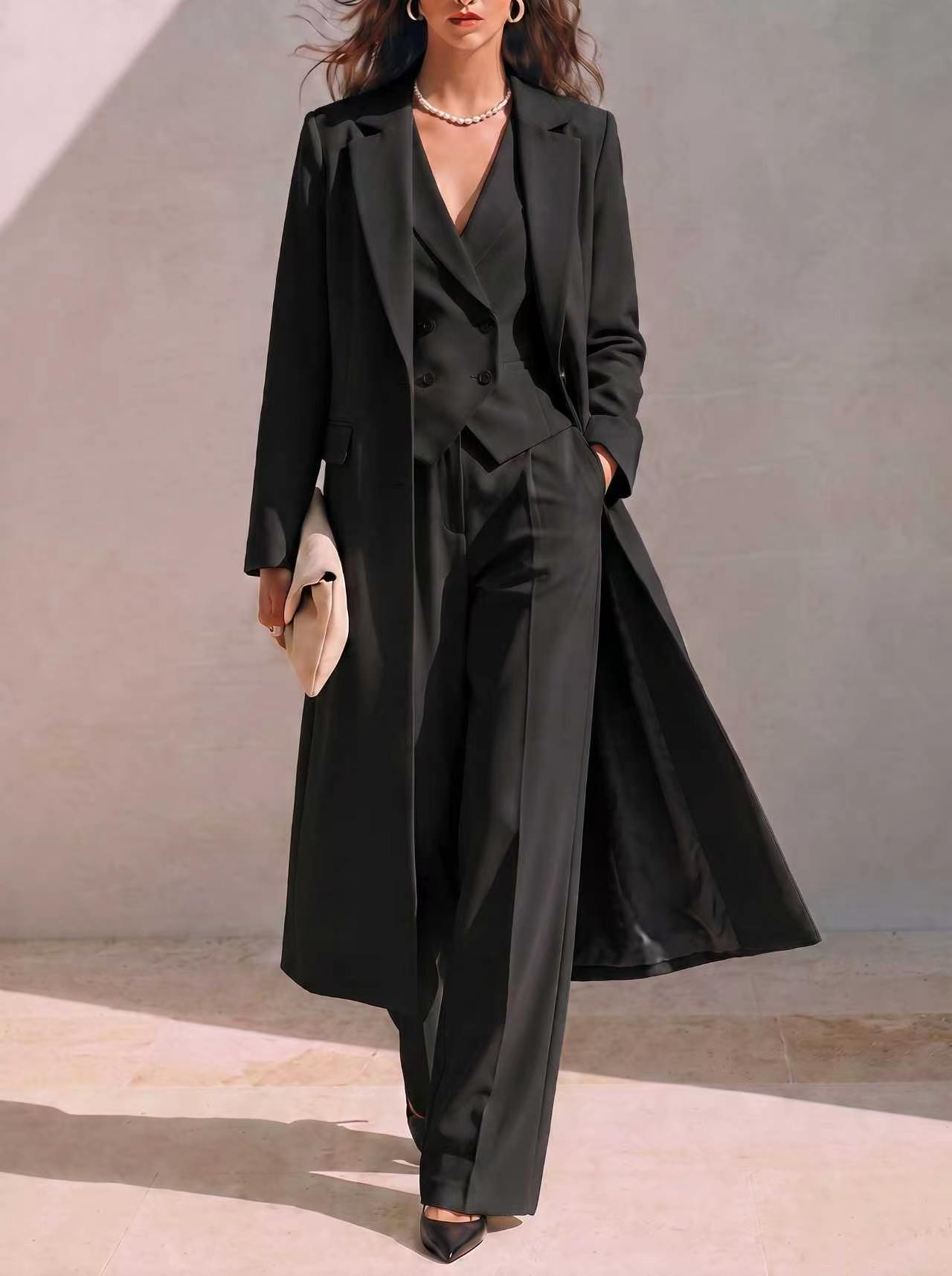 Solid-color Chic And Elegant Trench Coat And Suit Pants Three-piece Set