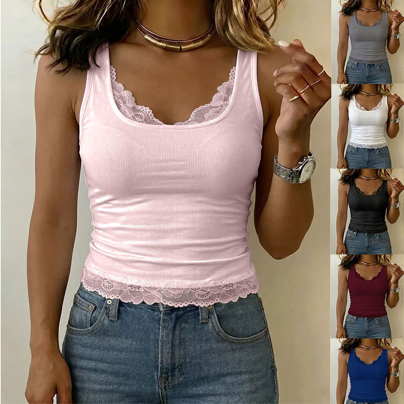 Einfarbiges Tanktop mit Spitzenbesatz