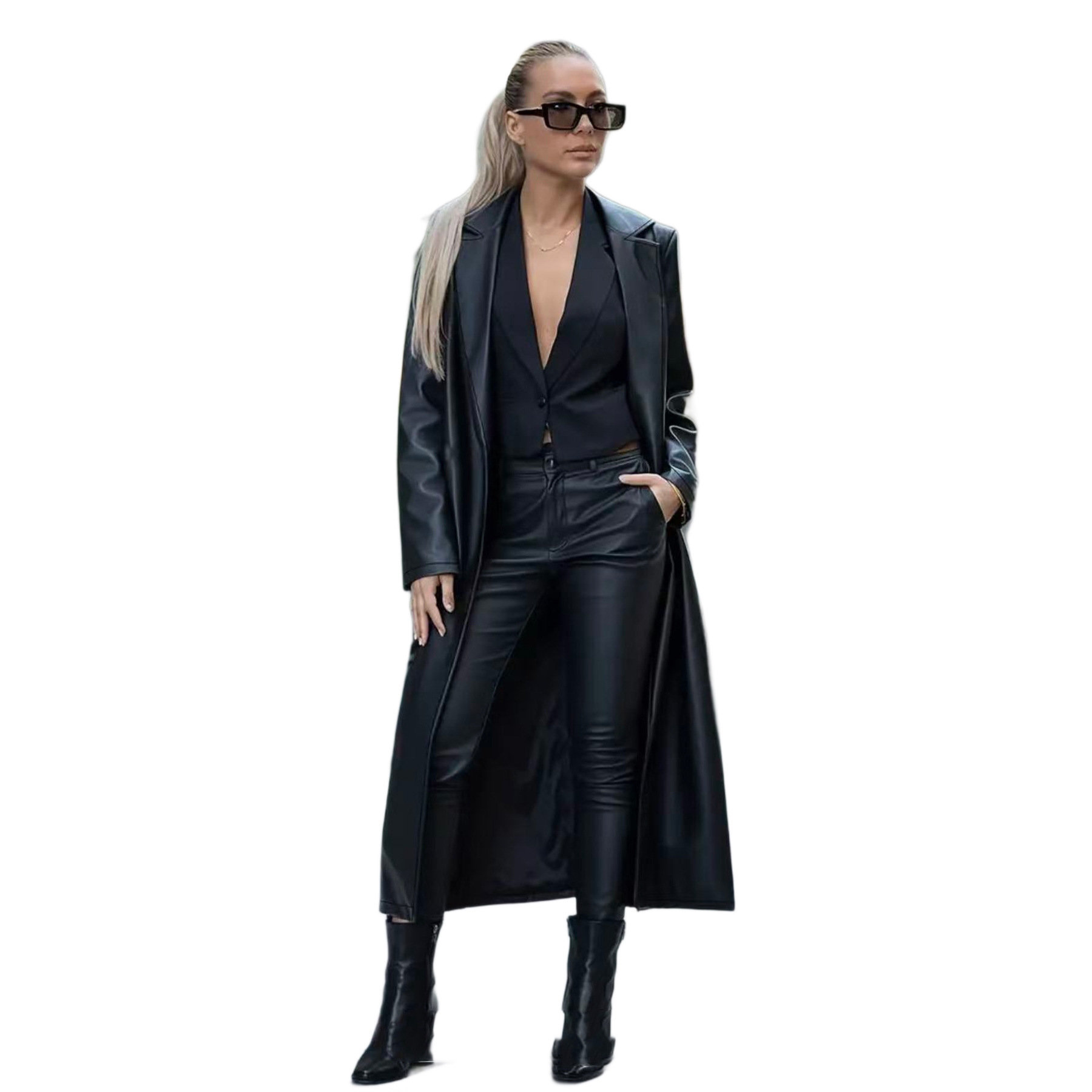 Solid Color Loose Fit Long Leather Coat