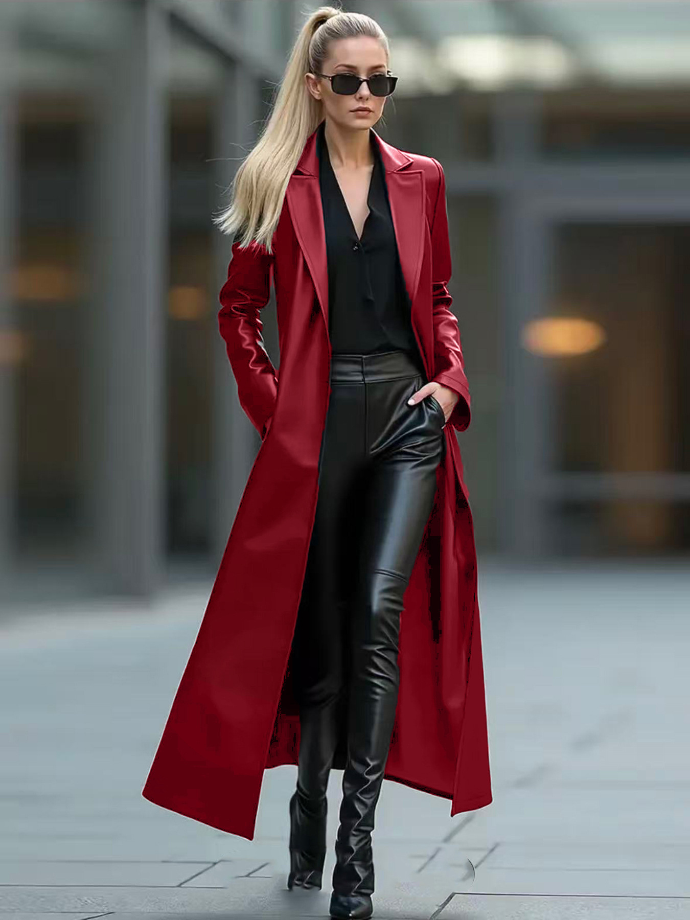 Solid Color Loose Fit Long Leather Coat