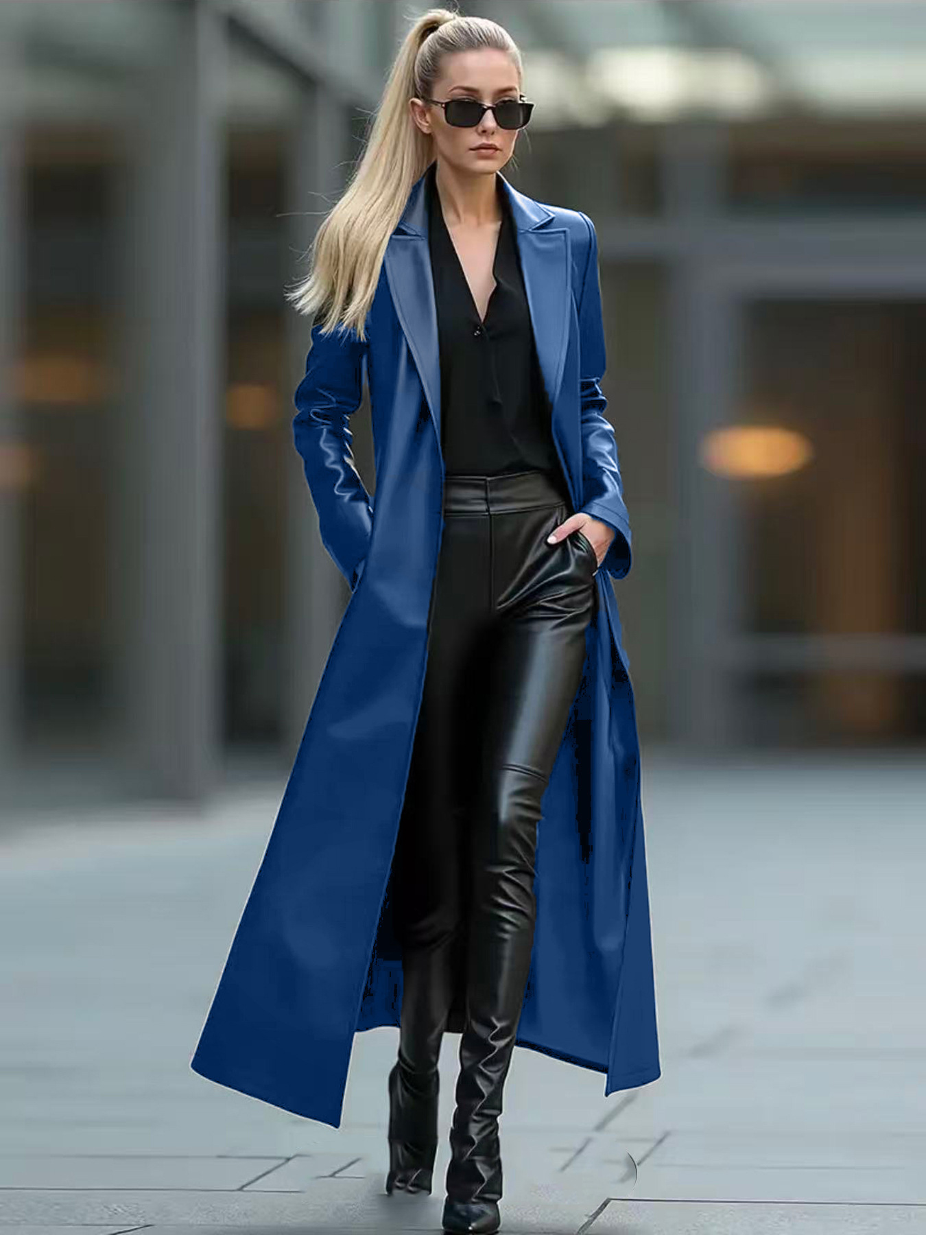Solid Color Loose Fit Long Leather Coat