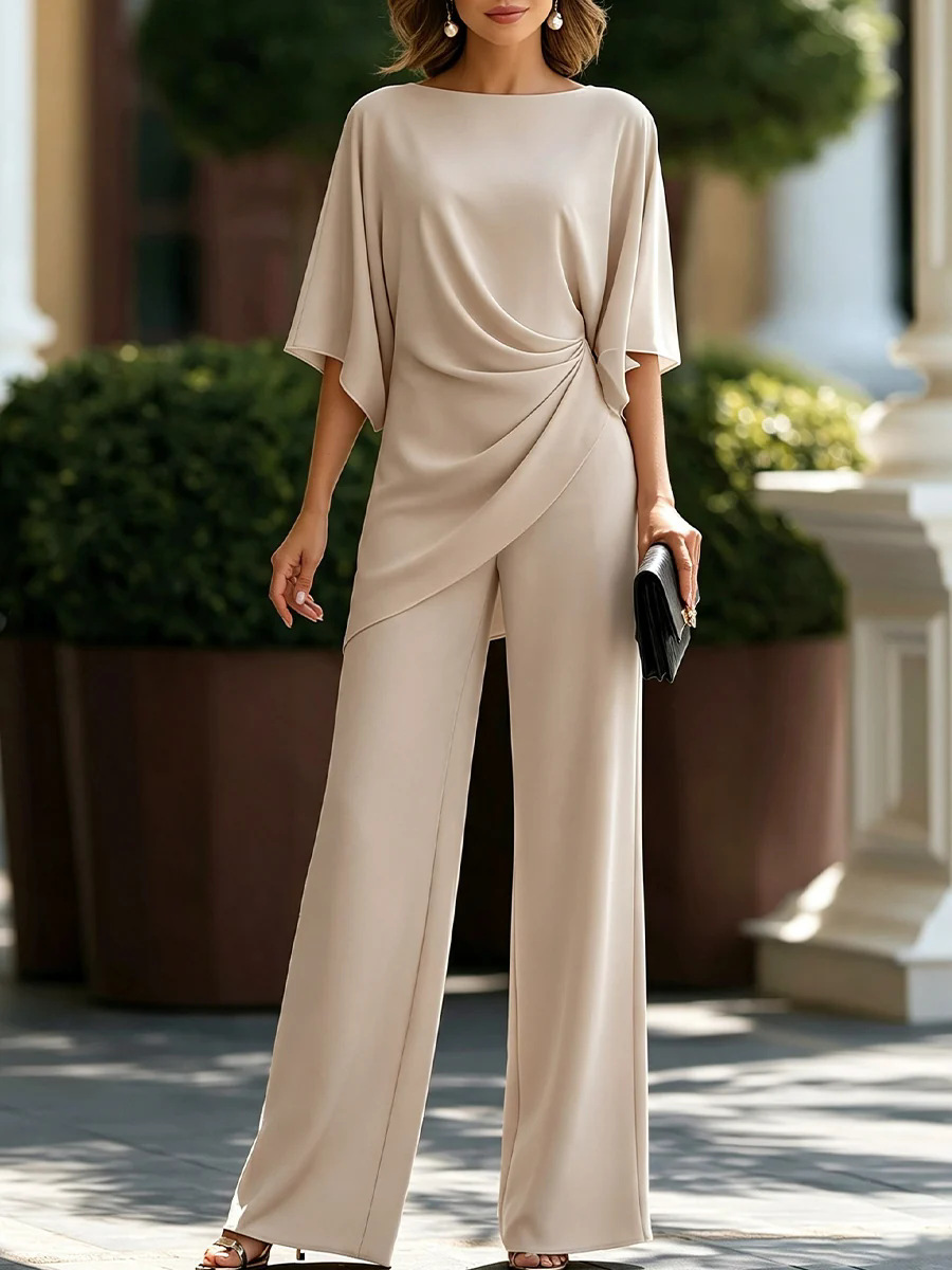 Solid Color Set Loose Fitting Top High-waisted Wide Leg Pants Elegant Two Piece Set For