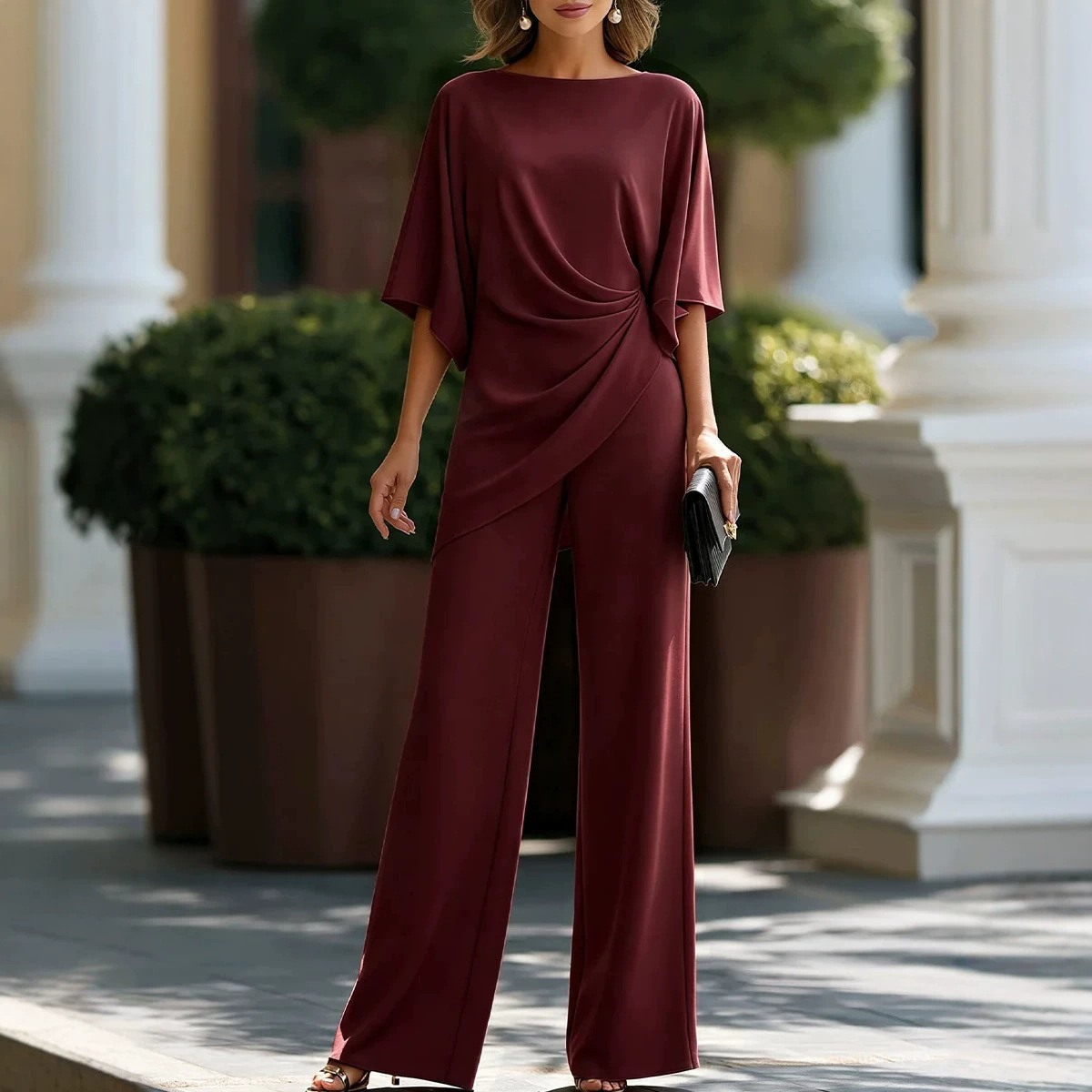 Solid Color Set Loose Fitting Top High-waisted Wide Leg Pants Elegant Two Piece Set For