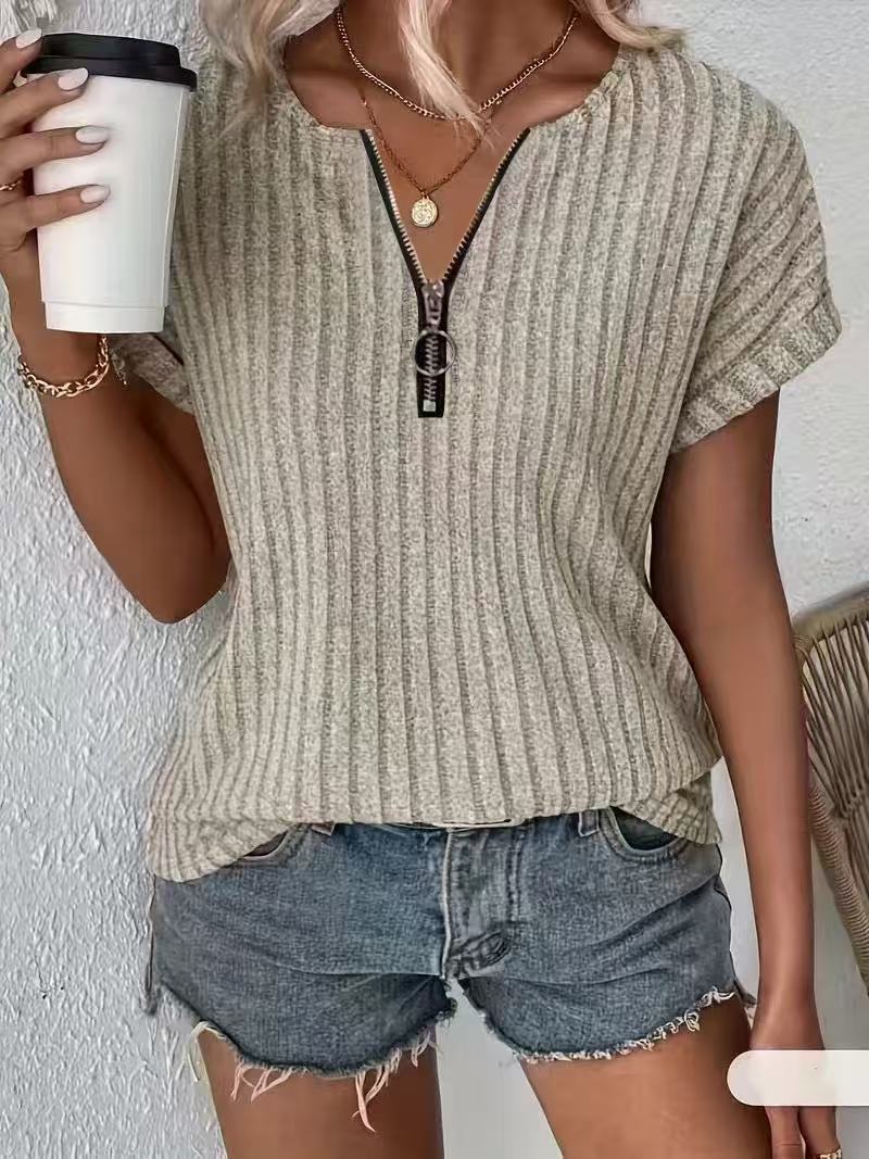 Solid-color Women's Zip-up Short-sleeve Pullover T-shirt