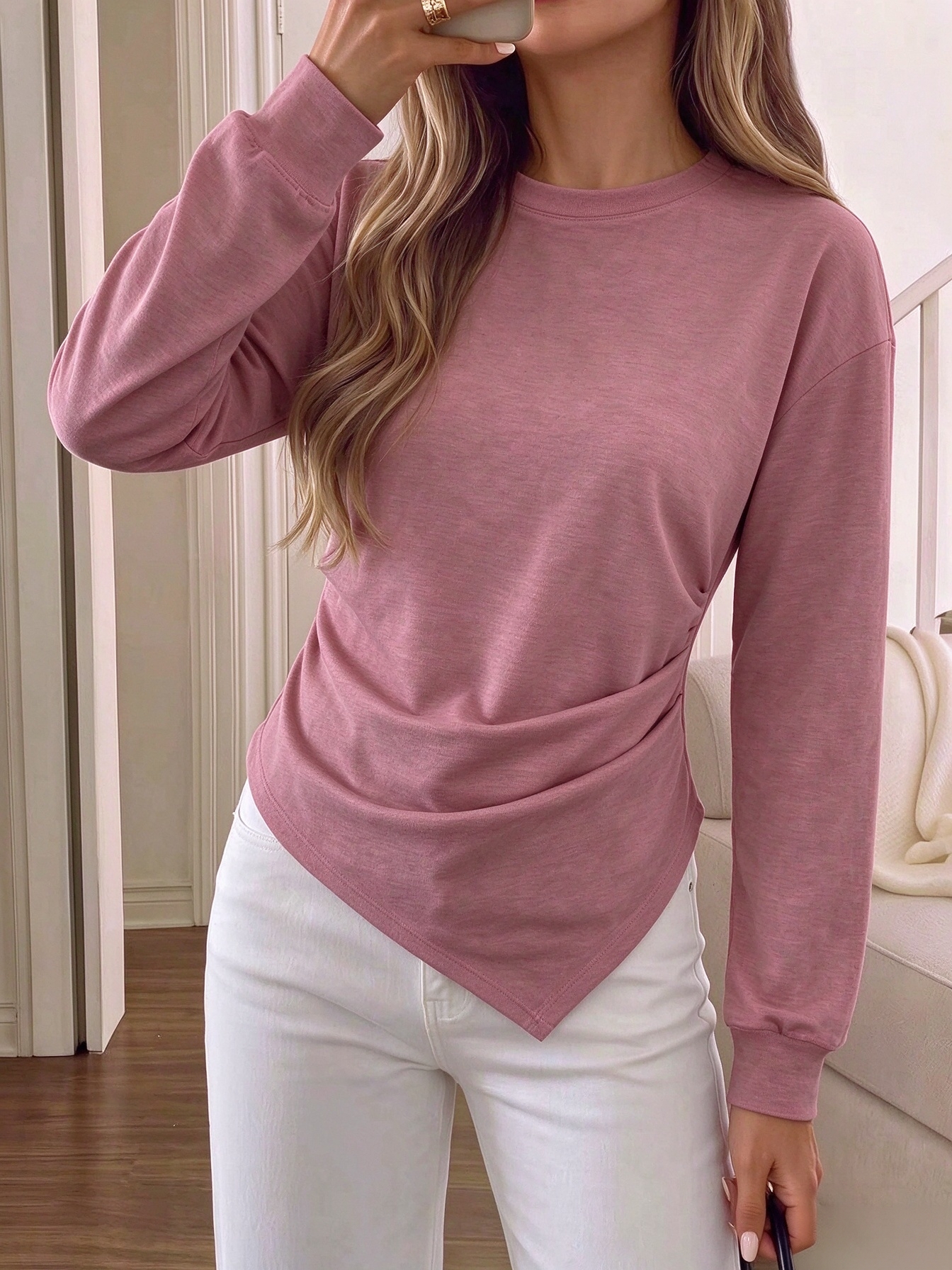 Top a maniche lunghe da donna primavera autunno nuova - Casual tinta unita girocollo orlo irregolare