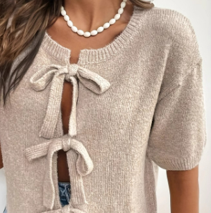 Spring Summer LaceUp LongSleeve Knitted Cardigan
