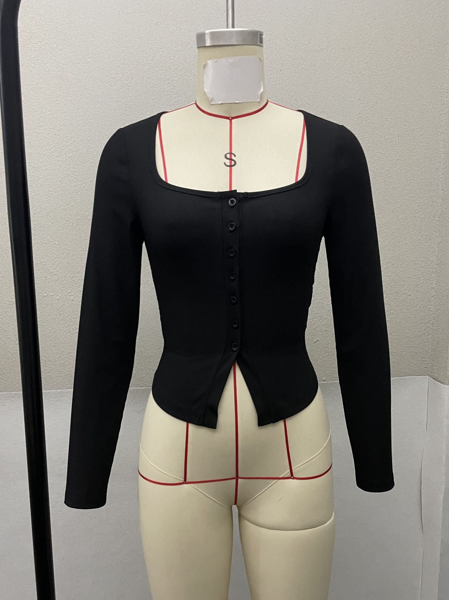 Square Neck Long Sleeve Knit Sweater, Autumn Winter Button Inner Wear Slim Solid Color