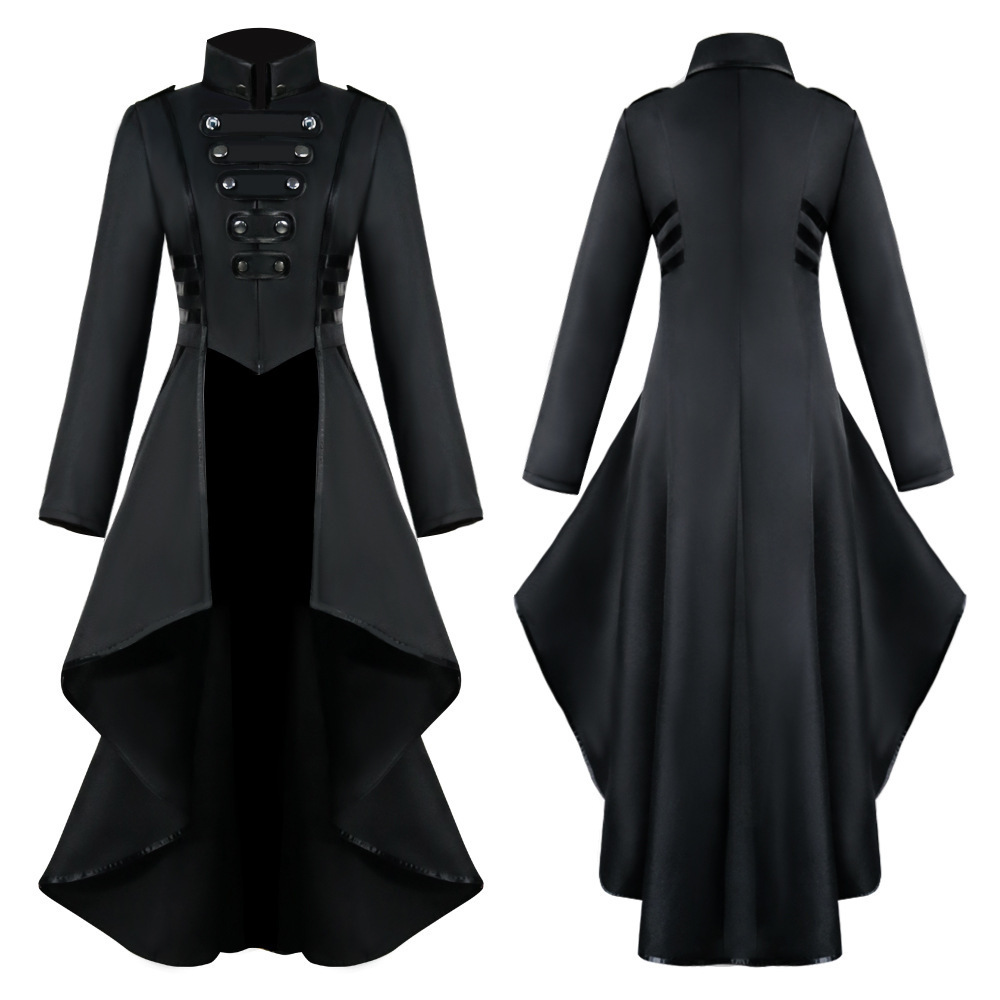 Stand-up Collar With Tie Detail Asymmetrical Hem Gothic Long-sleeve Coat
