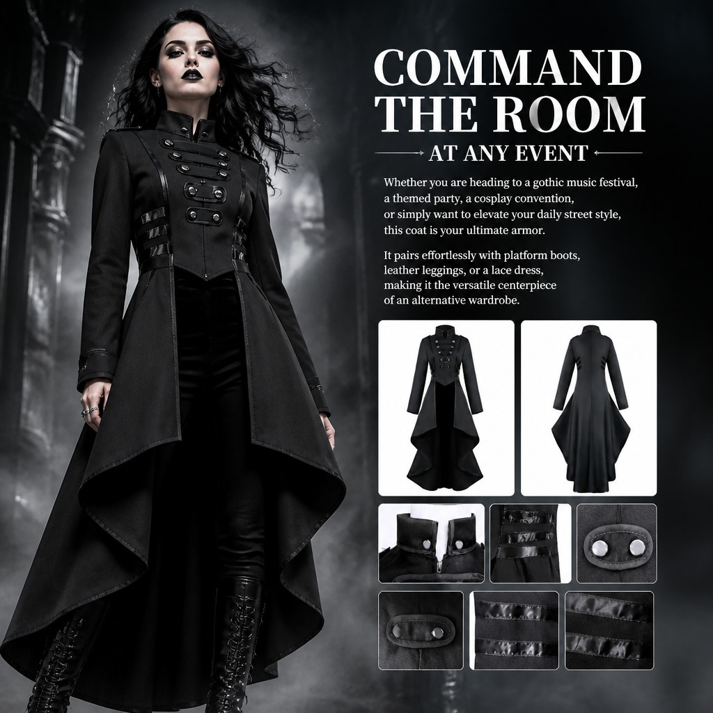 Stand-up Collar With Tie Detail Asymmetrical Hem Gothic Long-sleeve Coat