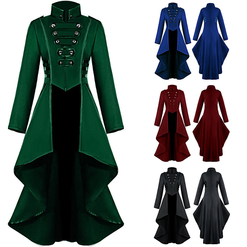 Stand-up Collar With Tie Detail Asymmetrical Hem Gothic Long-sleeve Coat
