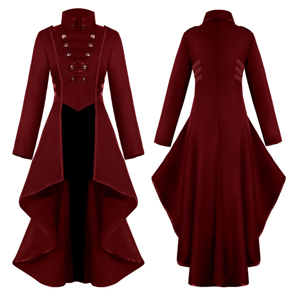 Stand-up Collar With Tie Detail Asymmetrical Hem Gothic Long-sleeve Coat