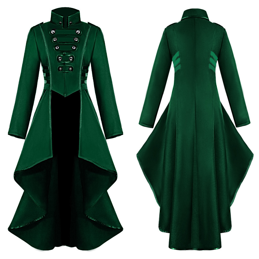 Stand-up Collar With Tie Detail Asymmetrical Hem Gothic Long-sleeve Coat