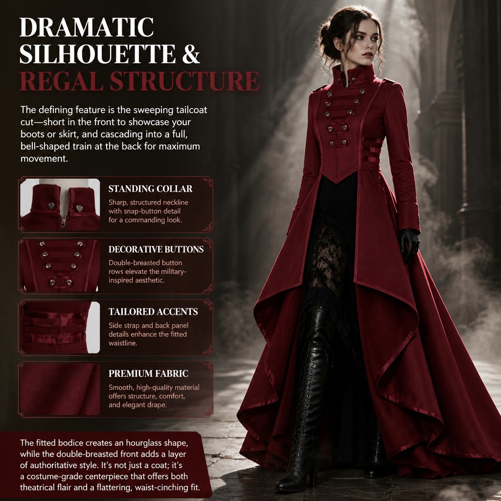 Stand-up Collar With Tie Detail Asymmetrical Hem Gothic Long-sleeve Coat