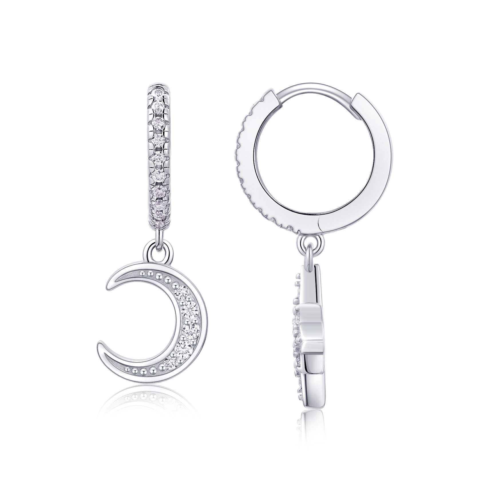 Star And Moon In Harmony - Earrings Set With Top-quality Moissanite, Silver And