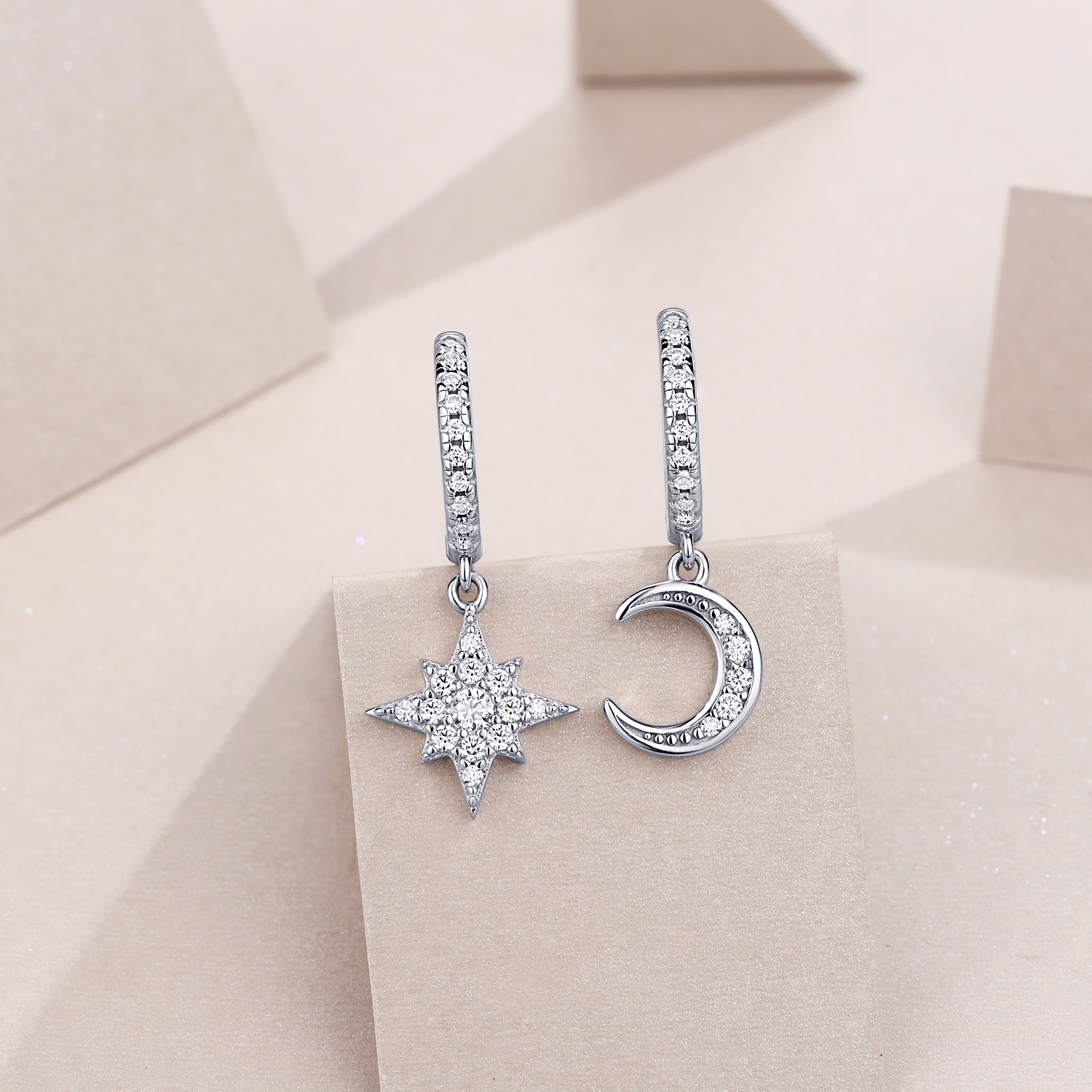Star And Moon In Harmony - Earrings Set With Top-quality Moissanite, Silver And