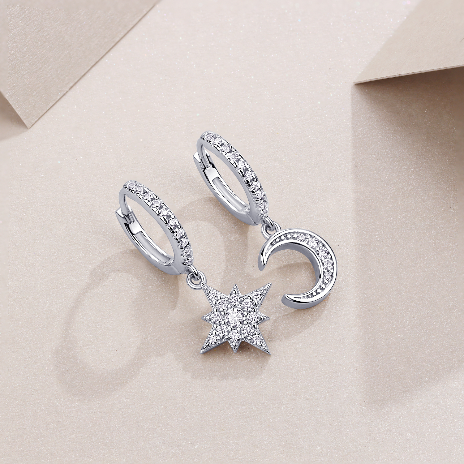 Star And Moon In Harmony - Earrings Set With Top-quality Moissanite, Silver And